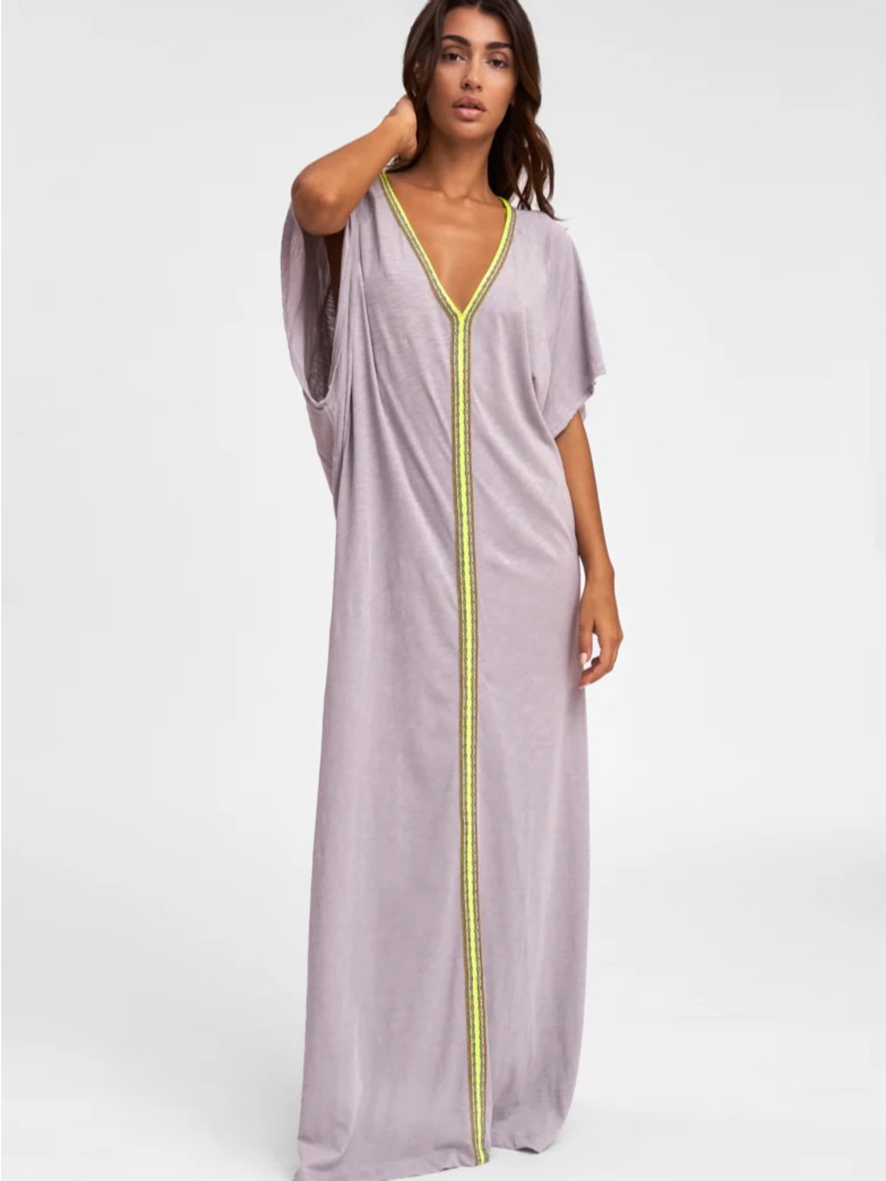 Pitusa Petite Gray Neon Inca Trim Maxi Cover Up Caftan Dress OS